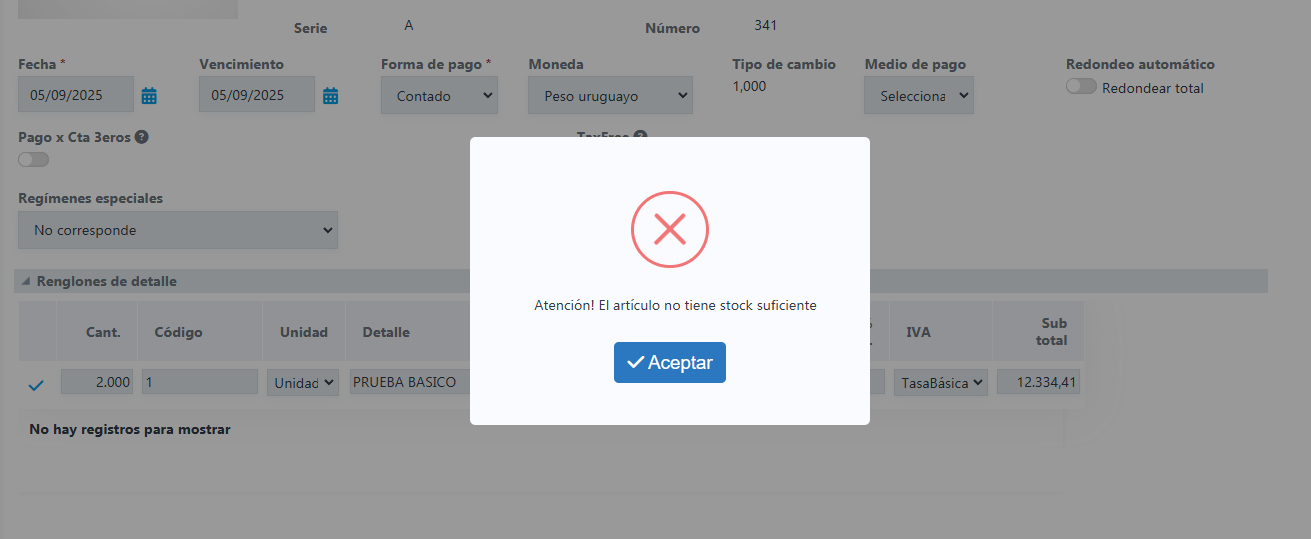 control de stock en efactura